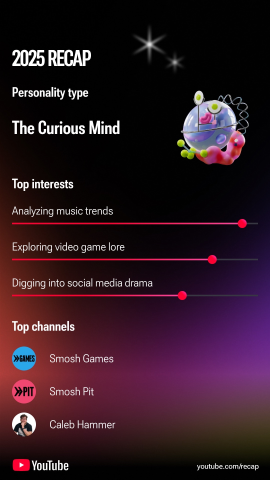 YouTube summarizing Dal's entire recap. His personality type is 'Curious Mind' and shows his top 3 interests. The top channels are Smosh Games, Smosh Pit, and Caleb Hammer.